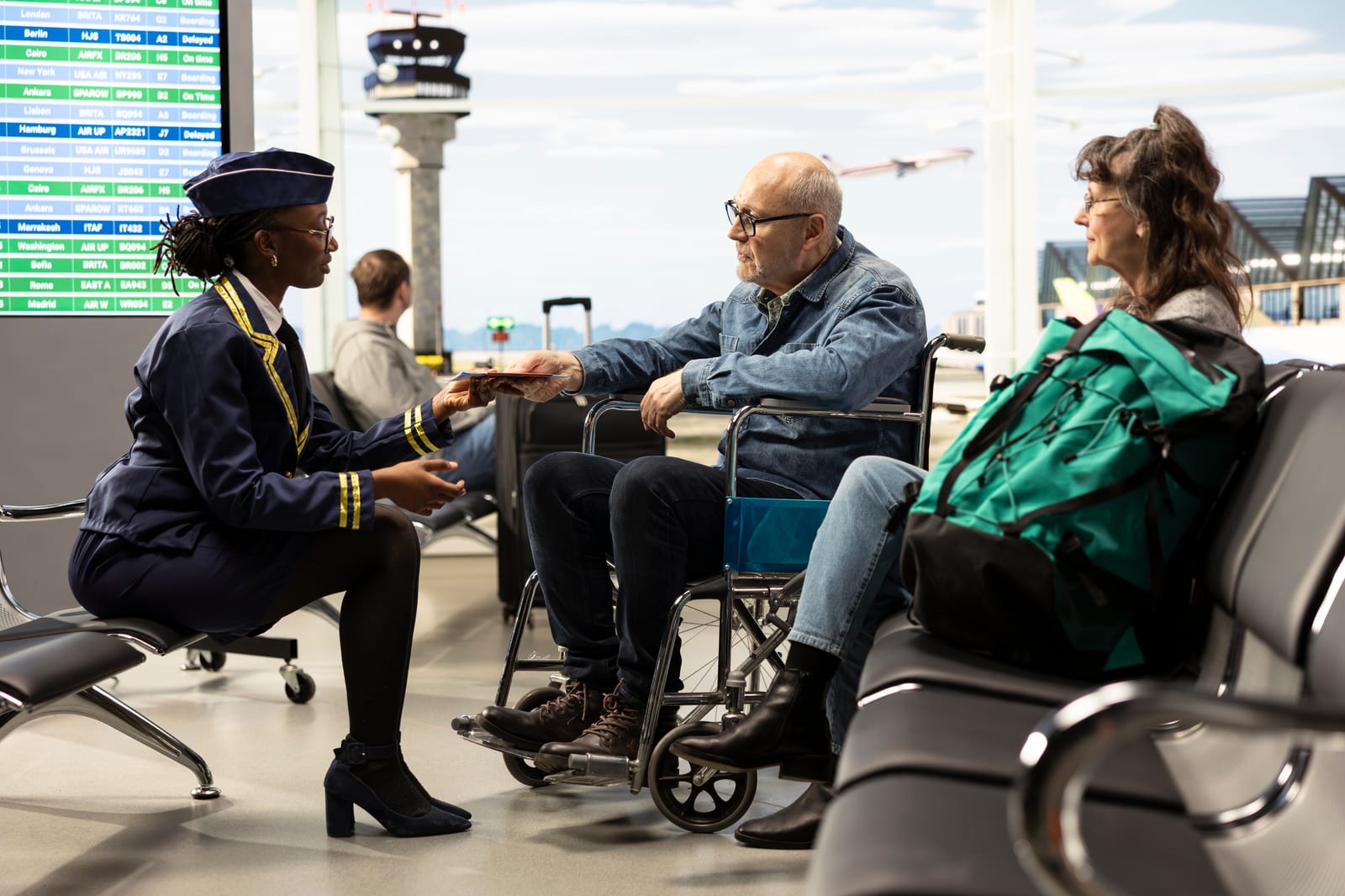 An older person using a wheelchair being assisted with travel, family alongside