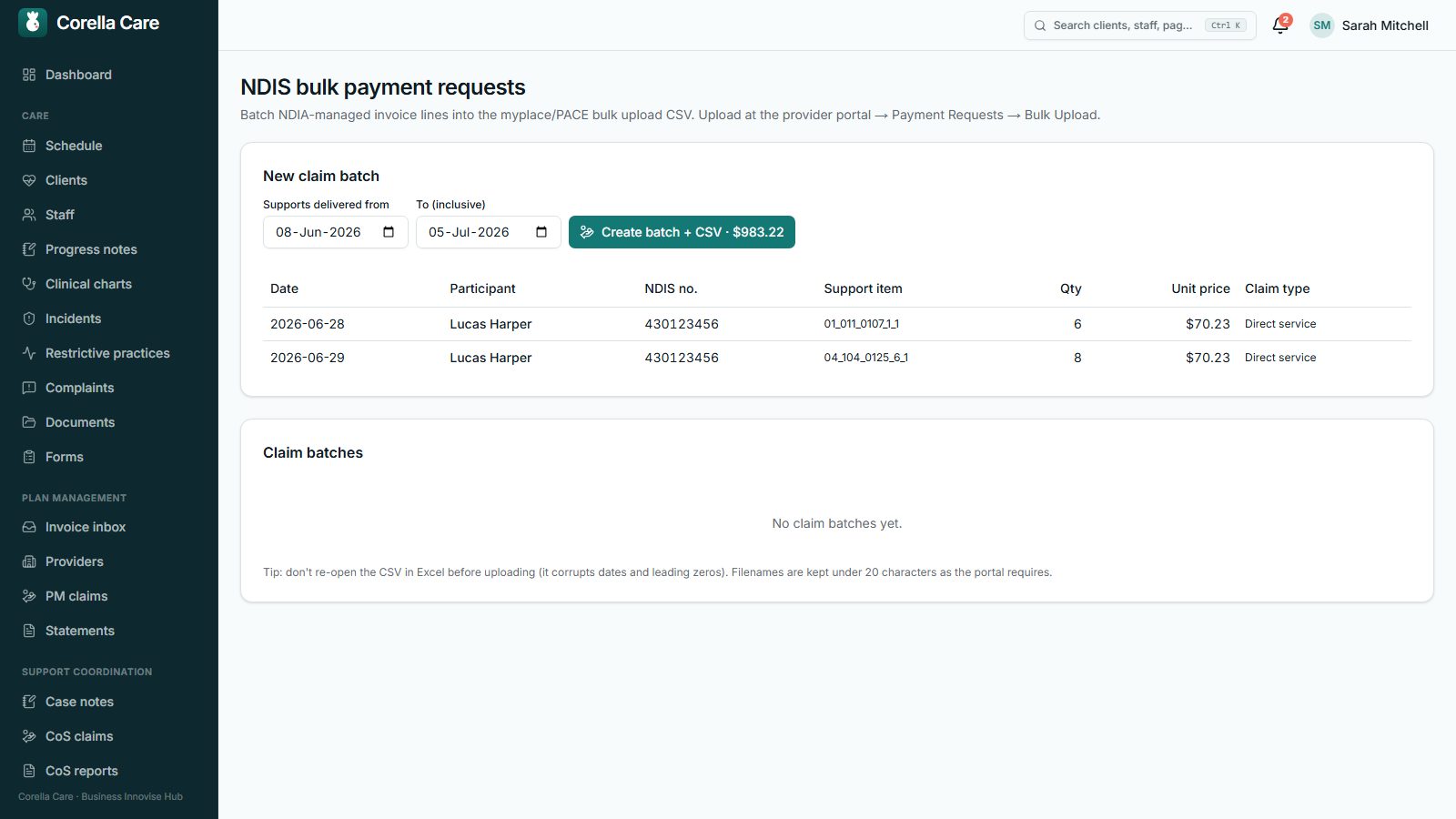 NDIA bulk payment request export screen