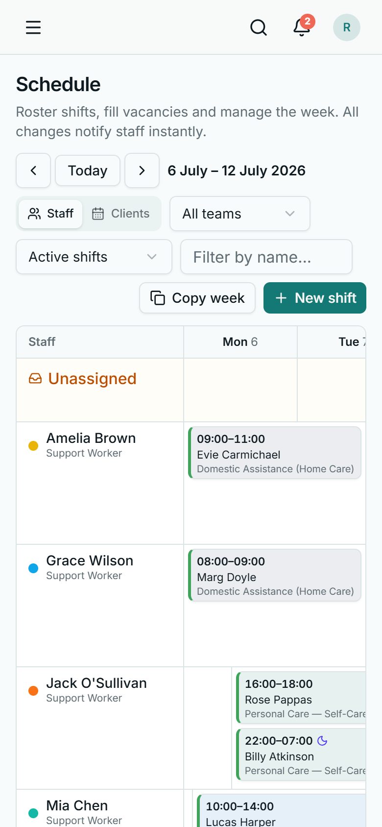 Real-time rostering on a phone: the Corella schedule on mobile, where a coordinator can see the week's shifts and fill an open one from anywhere